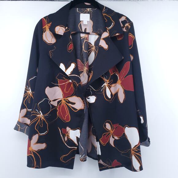 Retro 70s Modern Hippie Floral Earth Tone Notch Lapel Trapeze Jacket Roll Cuff S - Picture 1 of 14